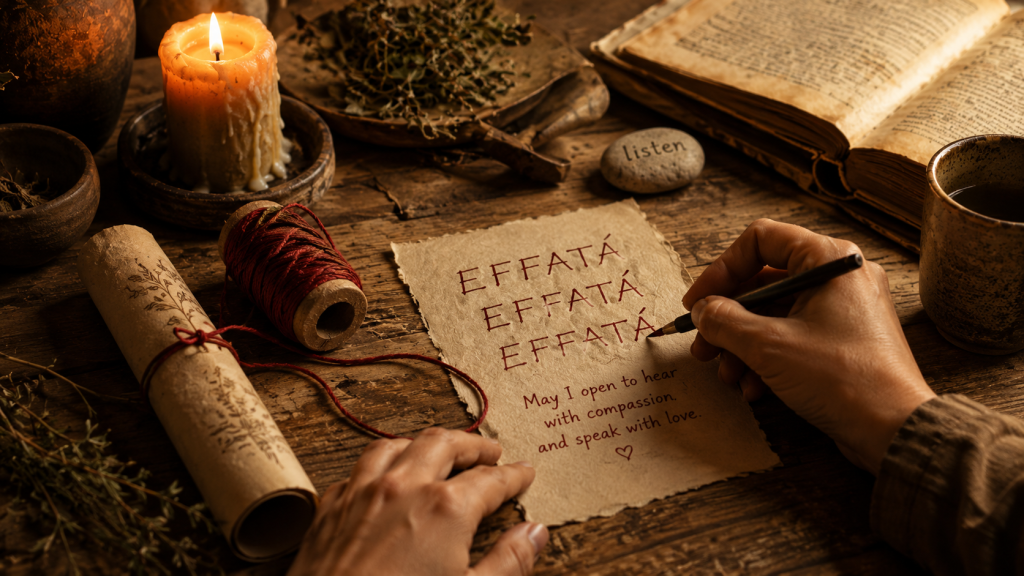 Ritual de Effatá escrito tres veces en papel con tinta roja para abrir caminos