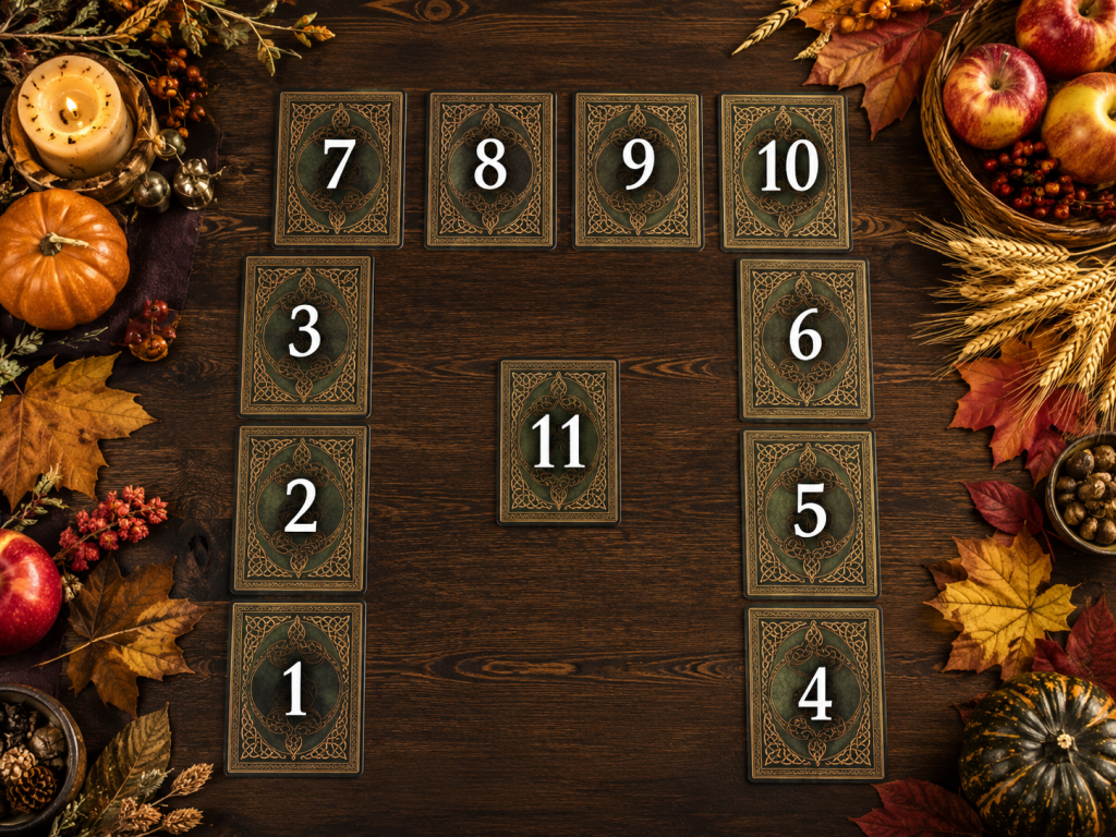 Tirada de tarot de Mabon con 11 cartas numeradas en forma de puerta