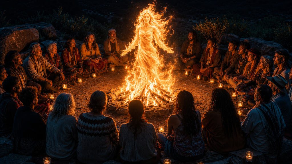 Hombres y mujeres de diferentes edades y grupos étnicos reunidos en círculo con velas frente a un fuego sagrado del que emerge una figura femenina de fuego que representa a la diosa Brighid
